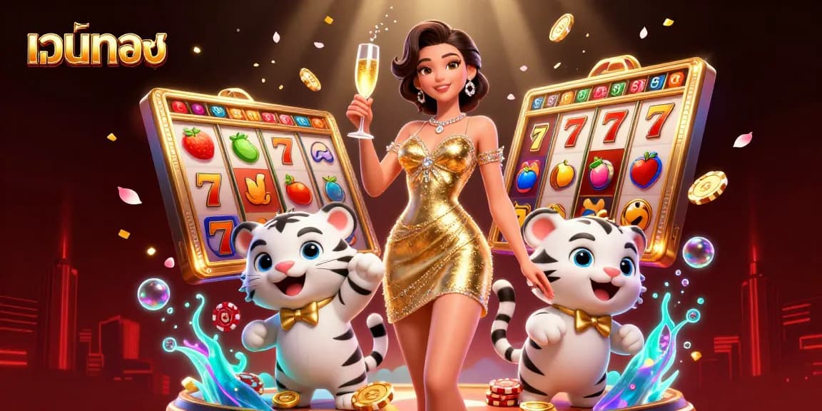 Engage with เว็บตรง slots featuring a glamorous woman and a lucky tiger, surrounded by gold coins.