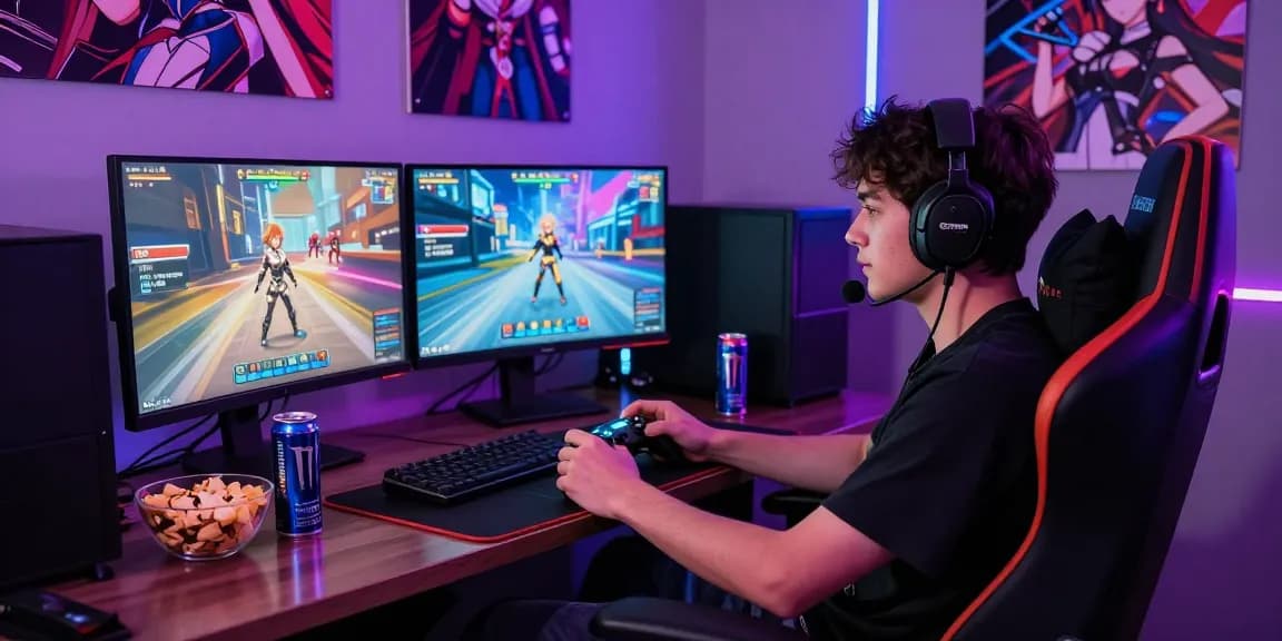 Engaged gamer playing an android hentai game in a vibrant gaming setup with neon lights.