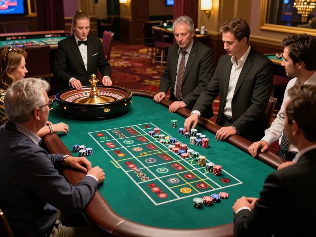 Players placing bets at a lively roulette table, showcasing IWIN's thrilling casino atmosphere