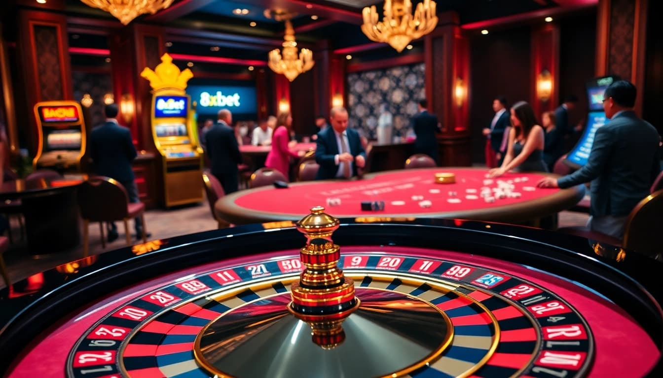 Players enjoying a thrilling game at the 8xbet casino with vibrant tables and chips.
