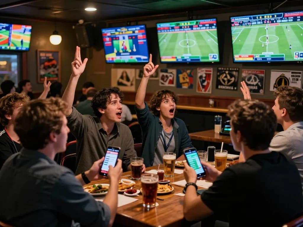 NET88 sports betting excitement, individuals engaged with games and betting apps in lively setting