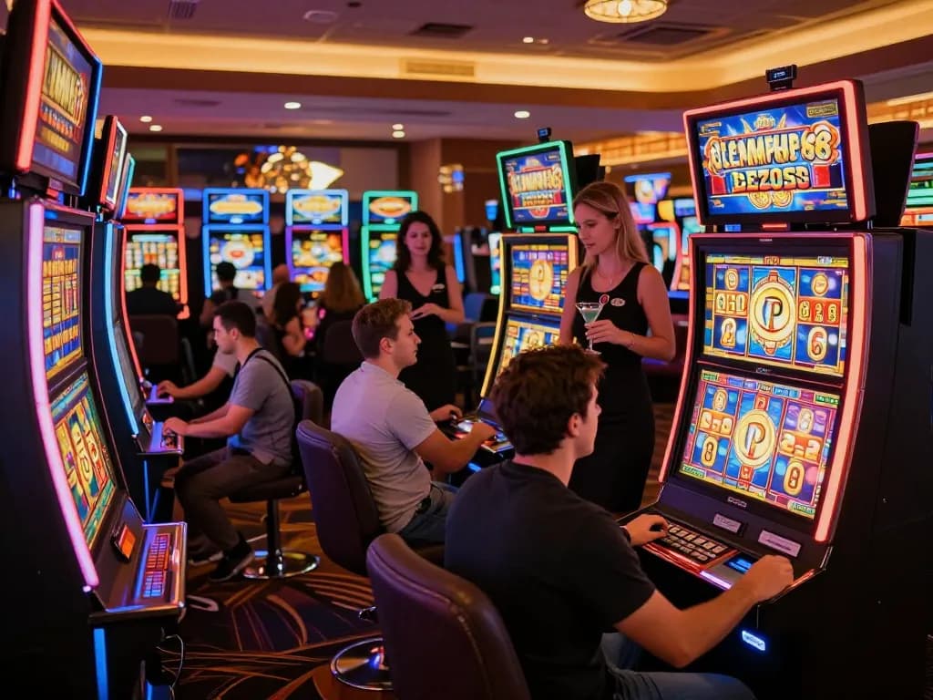 Players enjoying OLYMPUS88 slot machines with vibrant displays in a lively casino atmosphere.
