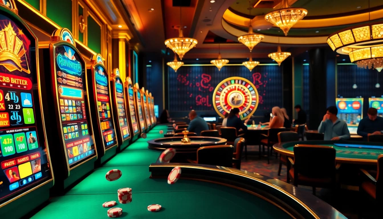 Pengalaman slot online Aman788 menampilkan mesin slot yang cerah dan pemain yang bersemangat di lingkungan kasino mewah.