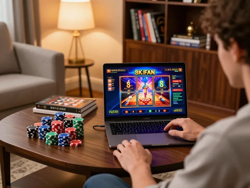 Engaging in online slot games at 8K8.fan on a sleek laptop, showcasing a vibrant gaming setup
