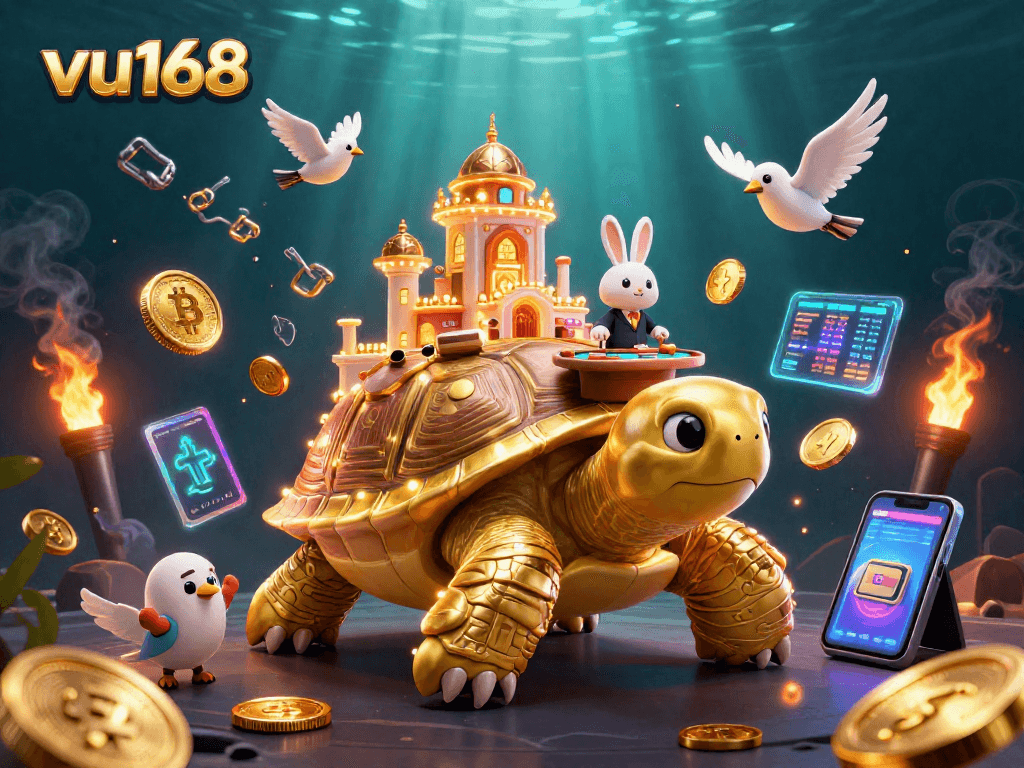 Join thrilling games at vu168, where a giant golden tortoise hosts exciting casino entertainment.