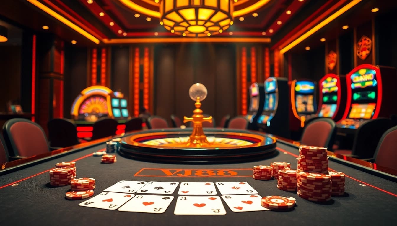 Players enjoying a lively VJ88 casino experience at a luxurious gaming table.