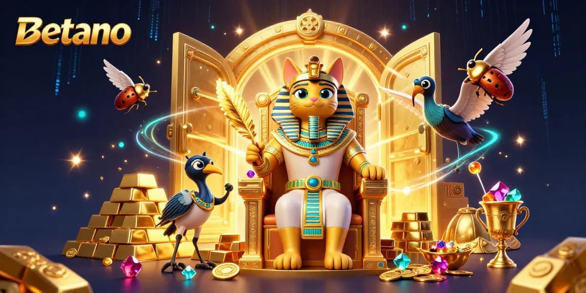 Betano entertains with pharaoh cat amidst treasure in a vibrant casino scene.