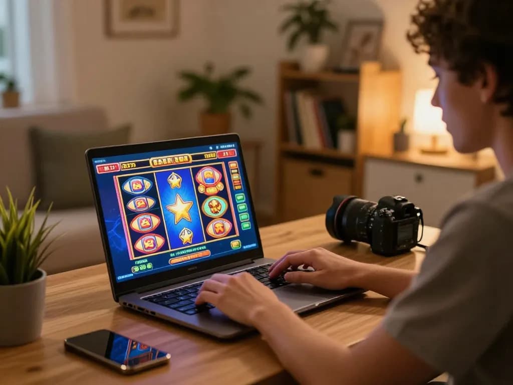 Engaging in NK 88 online slot gaming session at home with cozy atmosphere.