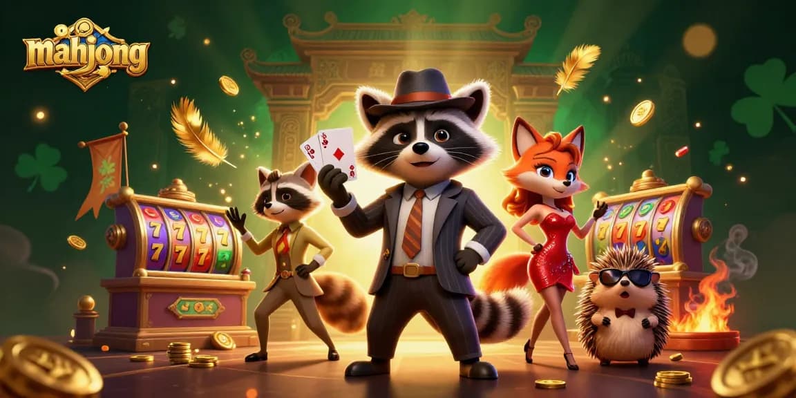 Play mahjong with suave characters in a vibrant casino setting full of excitement and winning.