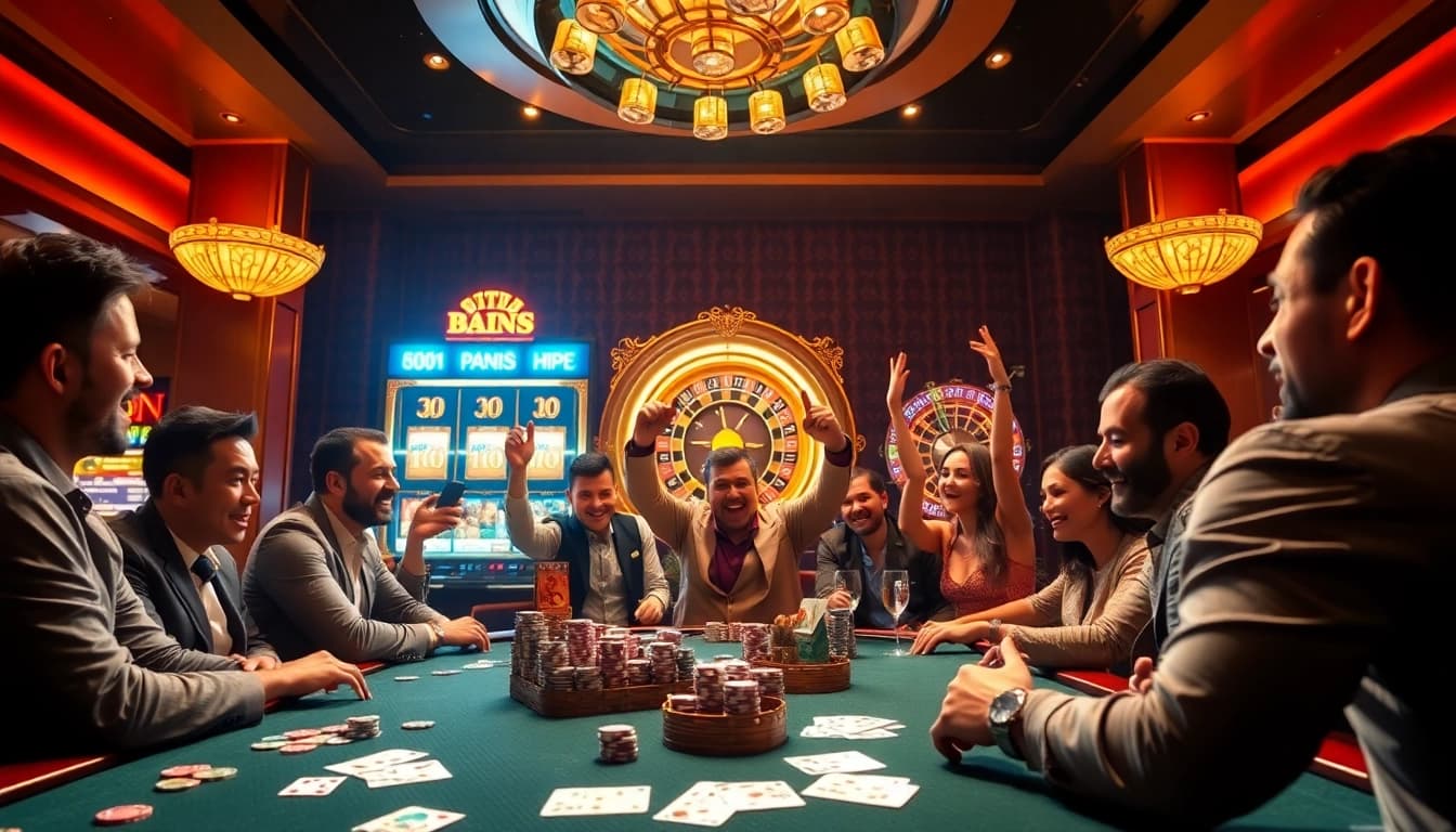 Experience the thrill of gambling at https://luckywin.name with players celebrating wins at a luxurious casino.