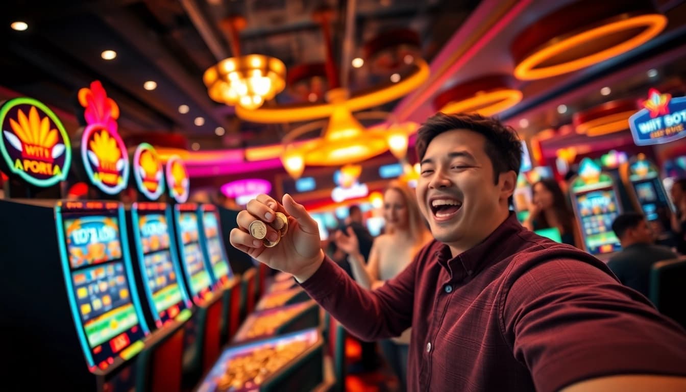 Player celebrating a win in a lively casino, highlighting the arus hoki atmosphere of excitement.