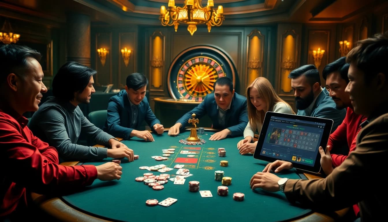 Gamblers enjoying a luxurious poker game at New88 casino, surrounded by vibrant chips and cards.