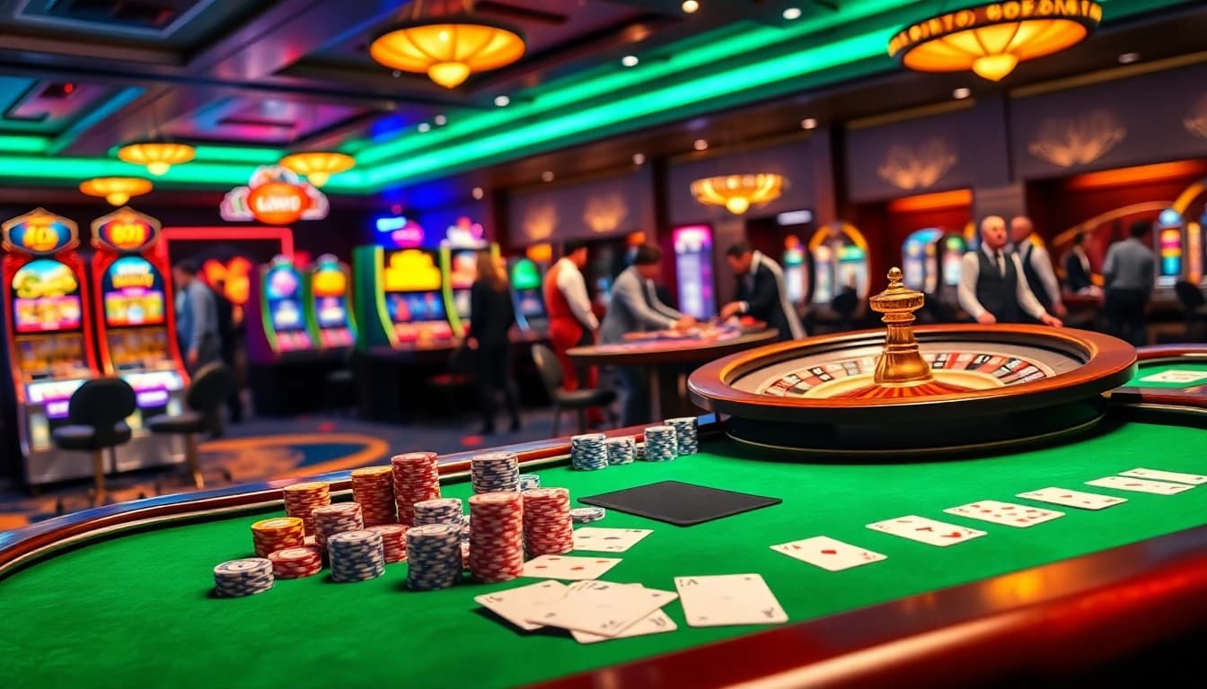 Experience thrilling gameplay with NOHU90 at a lively casino table filled with chips and cards.