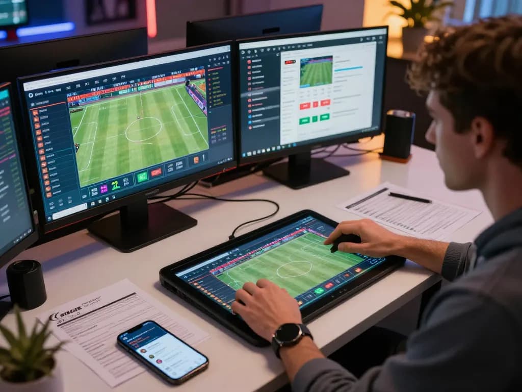 Engaging online sports betting scene with real-time betting details on multiple screens, showcasing strategic insights for 89 aa