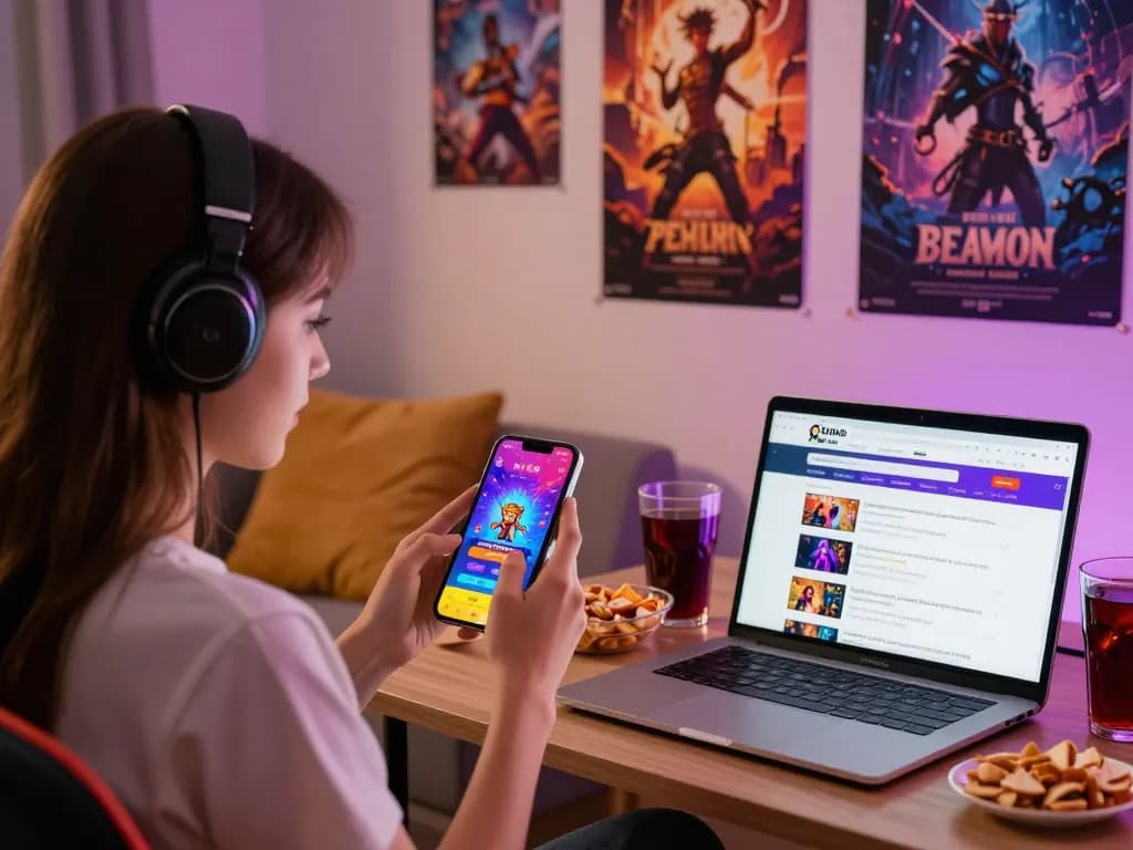 Enjoying mobile porn games in a cozy gaming corner with vibrant visuals.