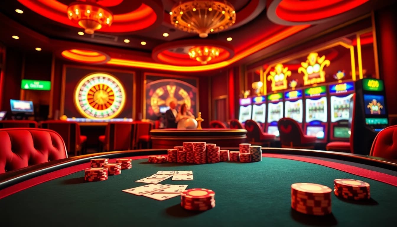 Experience the thrill of xin88 with vibrant casino tables, poker chips, and roulette wheels in a luxurious setting.