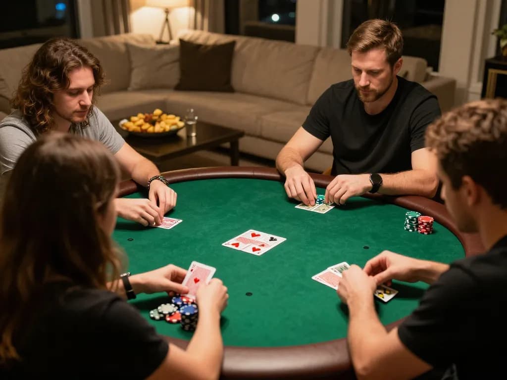 Players enjoying an engaging poker game at home using fly88 for an exciting night.
