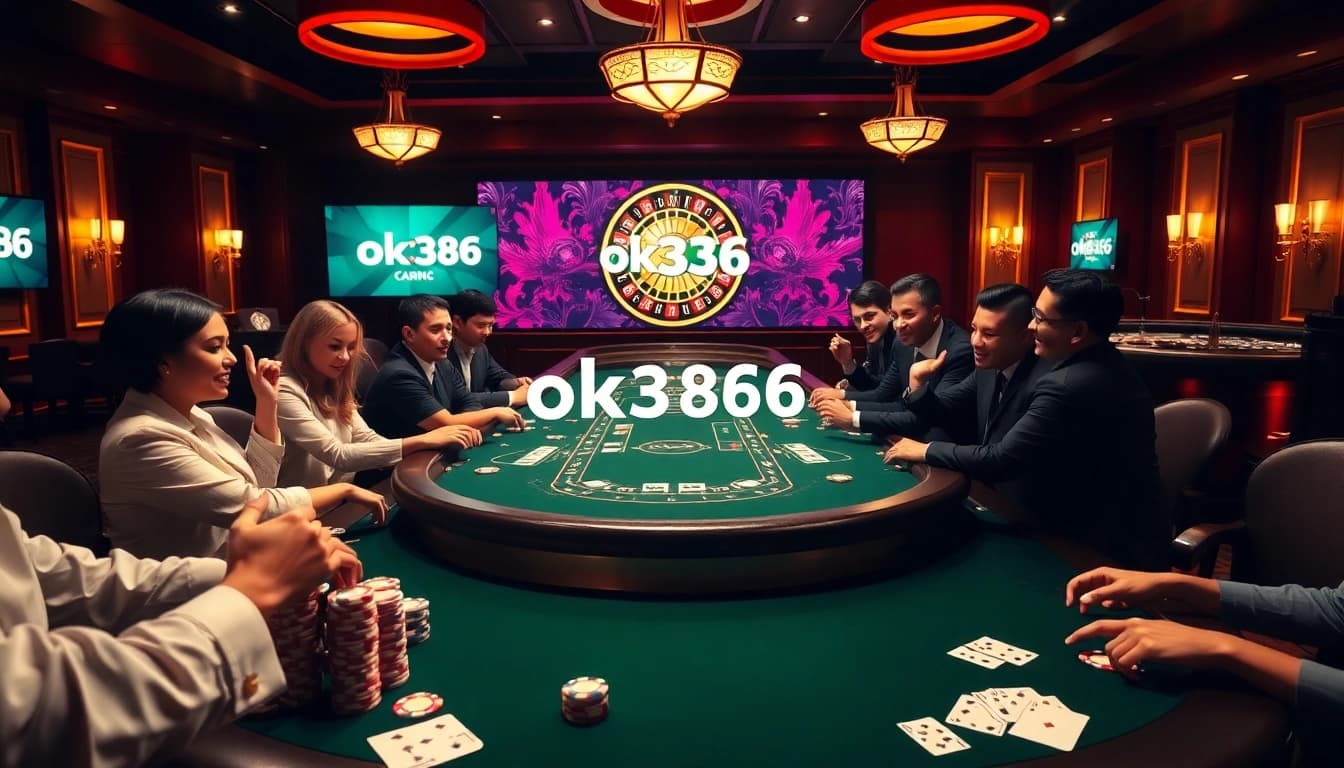 Players enjoying a high-stakes poker game at ok8386, surrounded by vibrant casino elements.