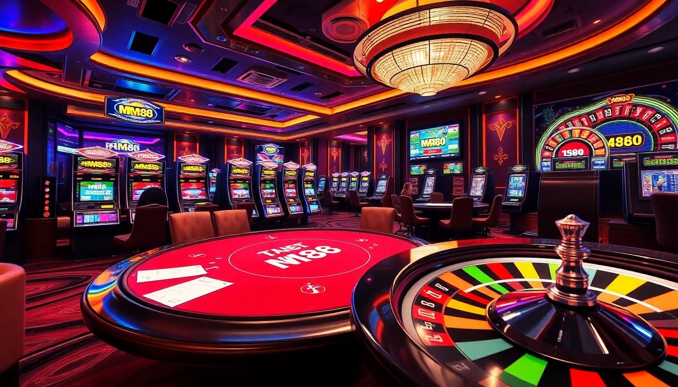 Experience the thrilling atmosphere of MM88's online casino with vibrant tables and glowing slot machines.