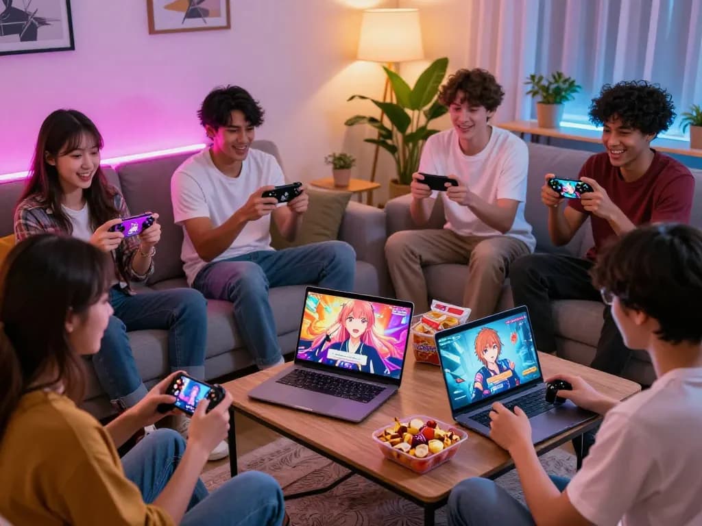 Exciting scene of young adults playing porngames on laptops and smartphones in a cozy living room.