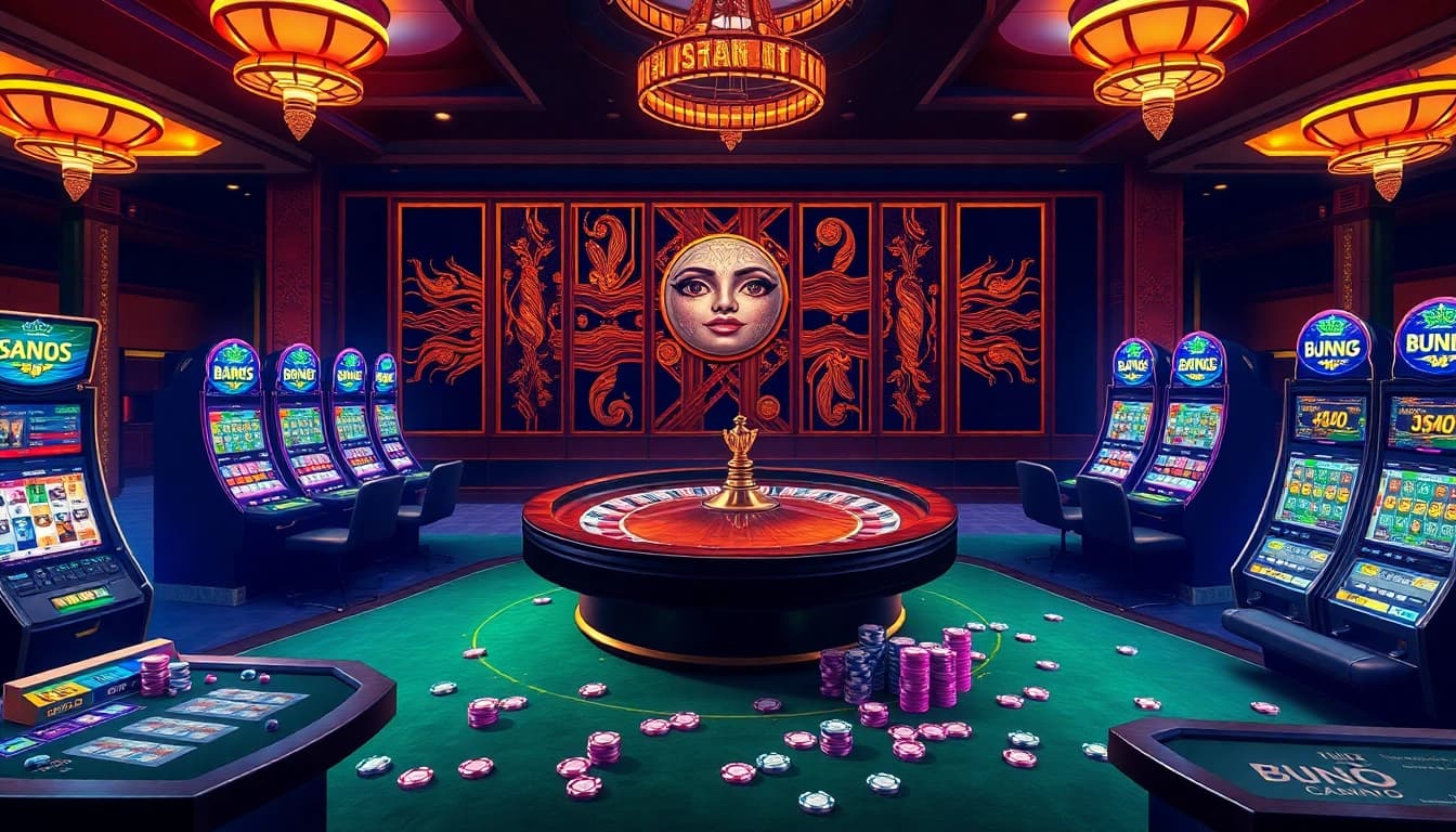 Experience the luxury of nền tảng sc88 in this vibrant casino scene featuring slot machines, poker chips, and more.