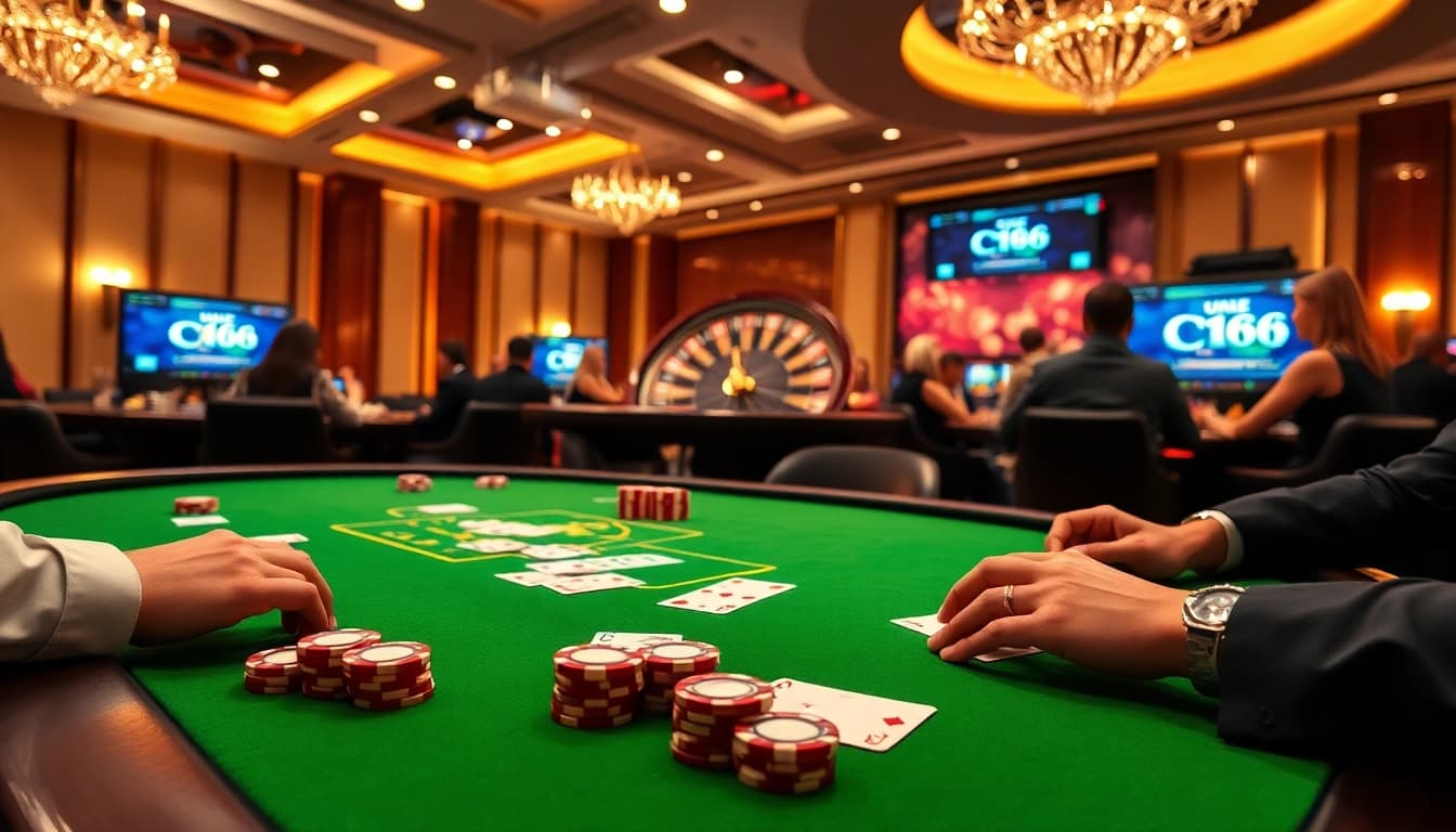 C168 logo displayed on a vibrant casino poker table with players enjoying high-stakes action.