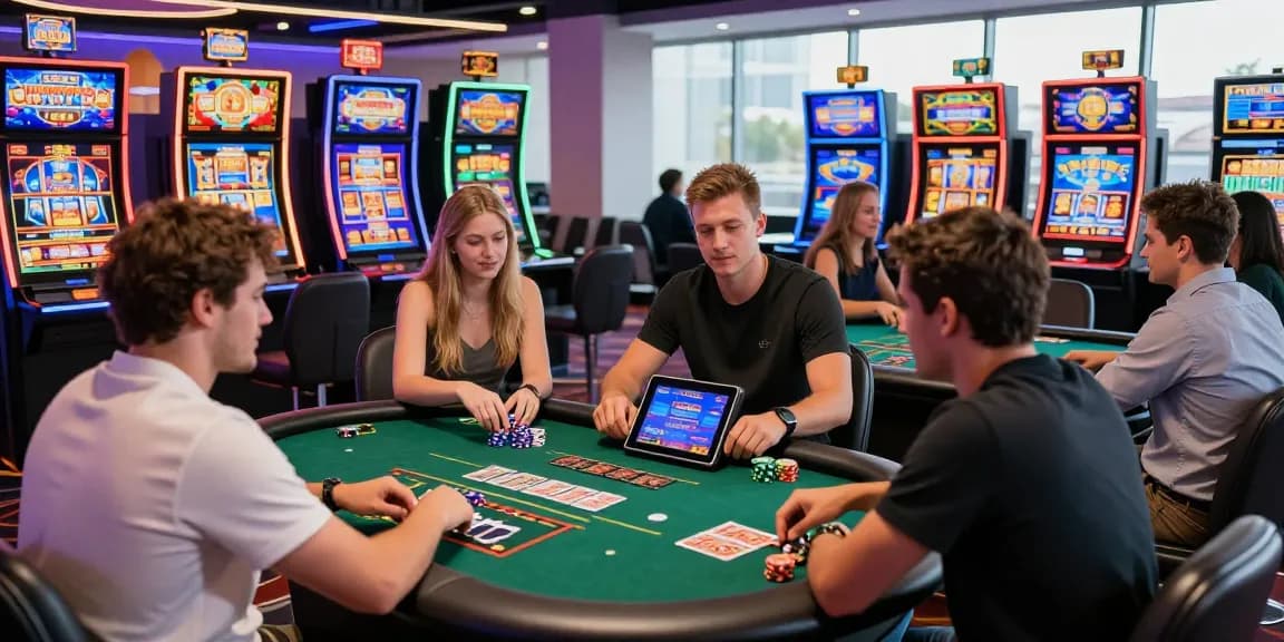 Exciting atmosphere at credit card casinos with players engaged at live dealer tables and colorful slots.