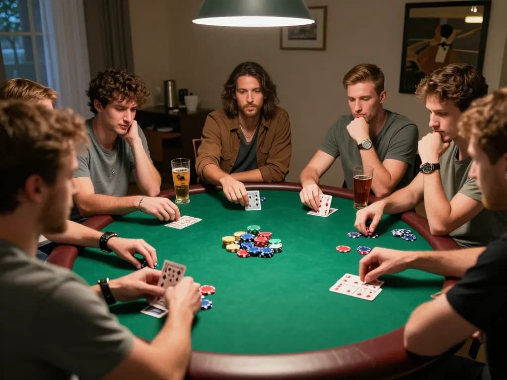 Enjoying a friendly poker night with ratu4d, colorful chips and focused players showcasing intense gameplay.