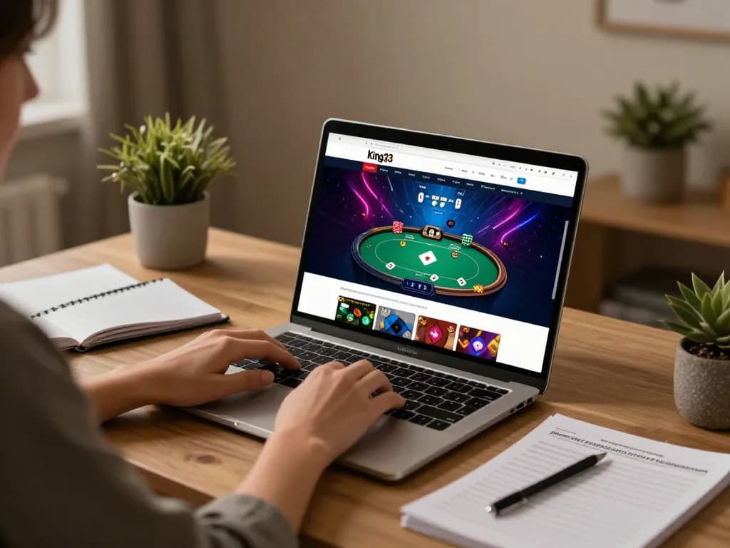Person engaging with king33 online casino gaming on a laptop, showcasing a vibrant poker interface and cozy atmosphere