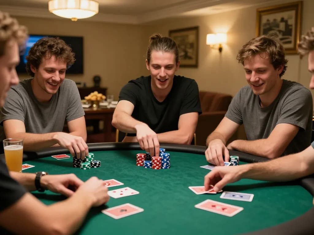 friends enjoying a friendly poker game night at home, showcasing strategies with cards and chips, go8 experience