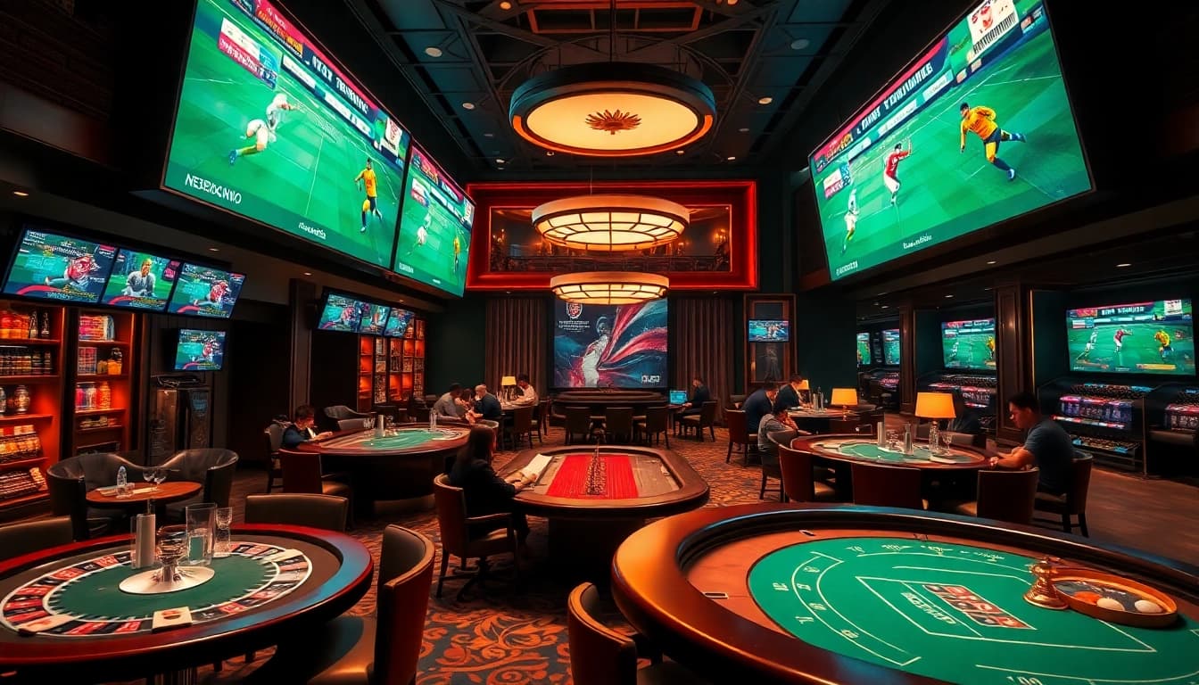 Learning how to bet with แทงบอลยังไง at a vibrant sportsbook, showcasing engaged gamblers placing their bets.