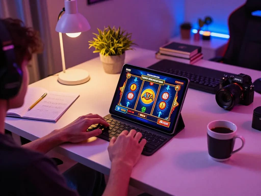 Pemain menikmati permainan slot yang menarik di tablet 88Pulsa dengan catatan strategi di dekatnya