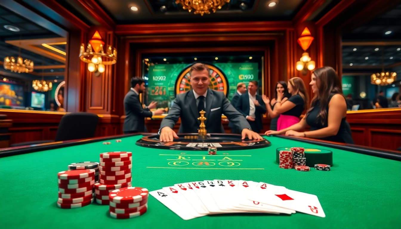 Experience high-stakes action at nhà cái mm88 with vibrant poker chips, cards, and a roulette wheel.