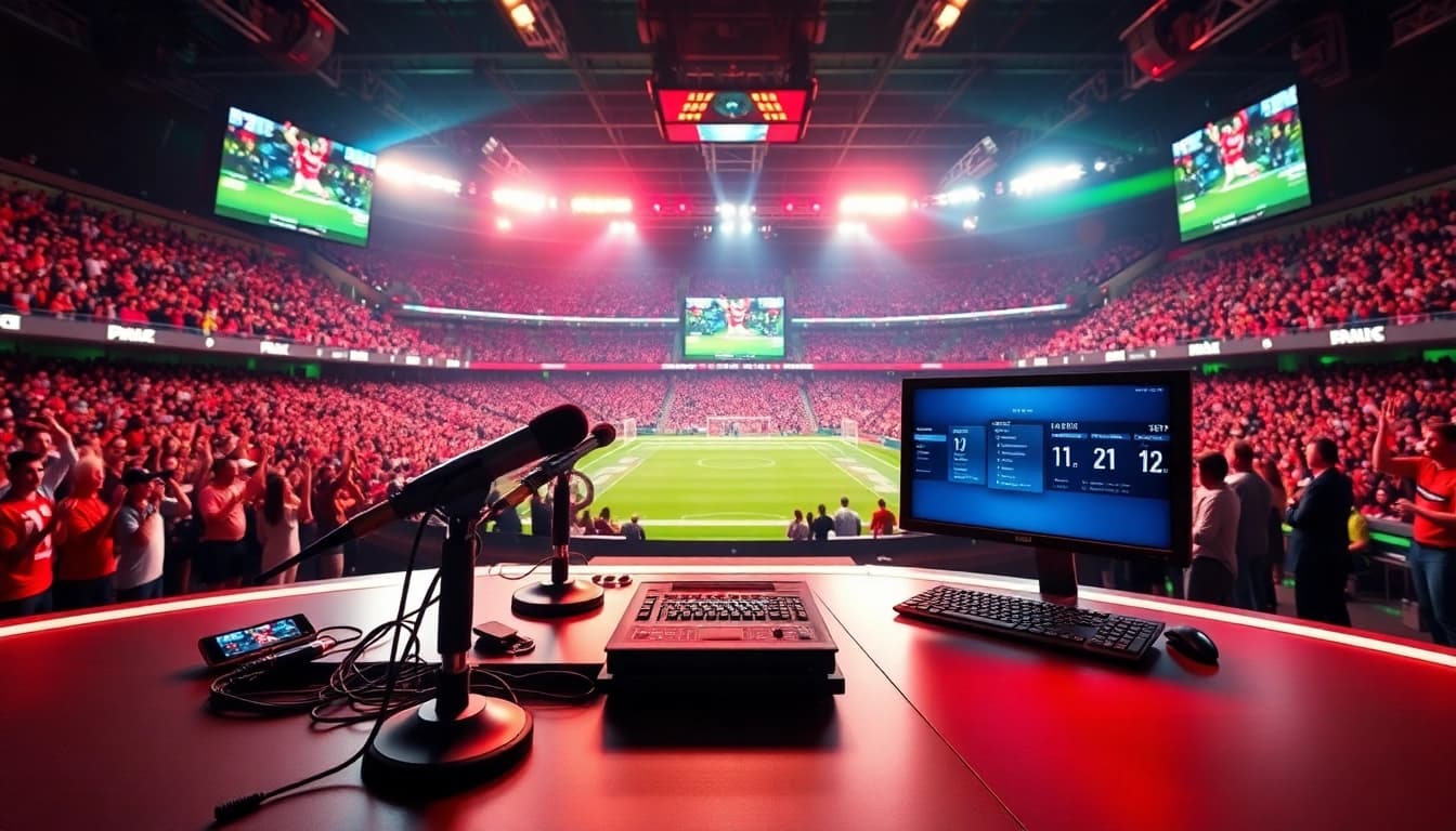 Engaging sports broadcasting studio with monitors, microphones, and vibrant colors.