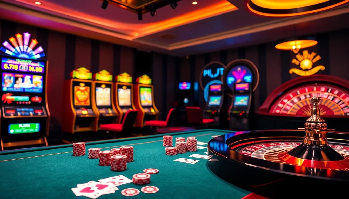 Exciting view of Nhà cái đá gà with casino elements like poker chips and slot machines.