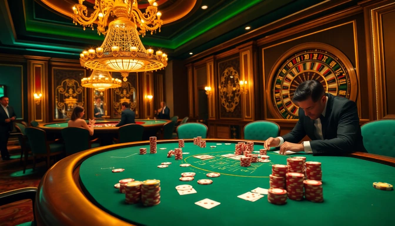 Players strategizing at a high-stakes table in the luxurious XX88 casino atmosphere.