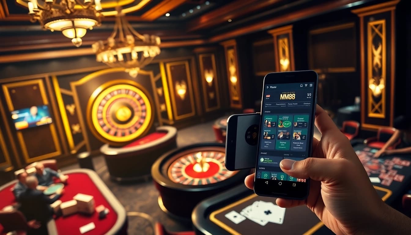 Engaging casino atmosphere showing players at tables and the mm88 com mobile interface.