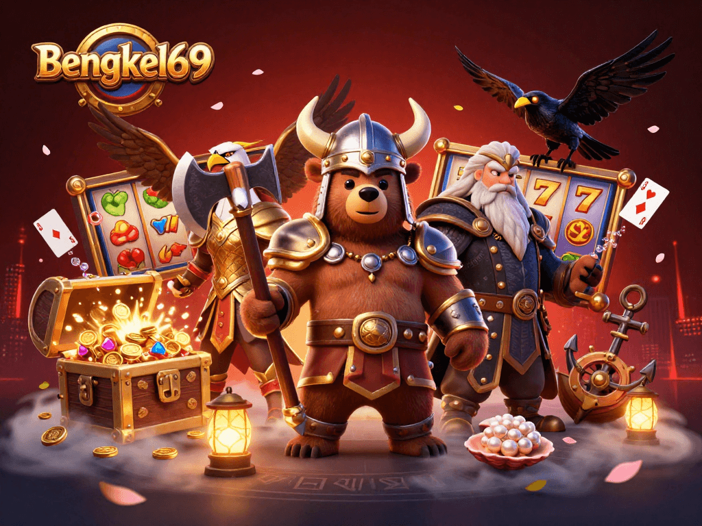 Bengkel69 showcases an engaging casino scene with Viking characters amidst golden treasures and floating playing cards.