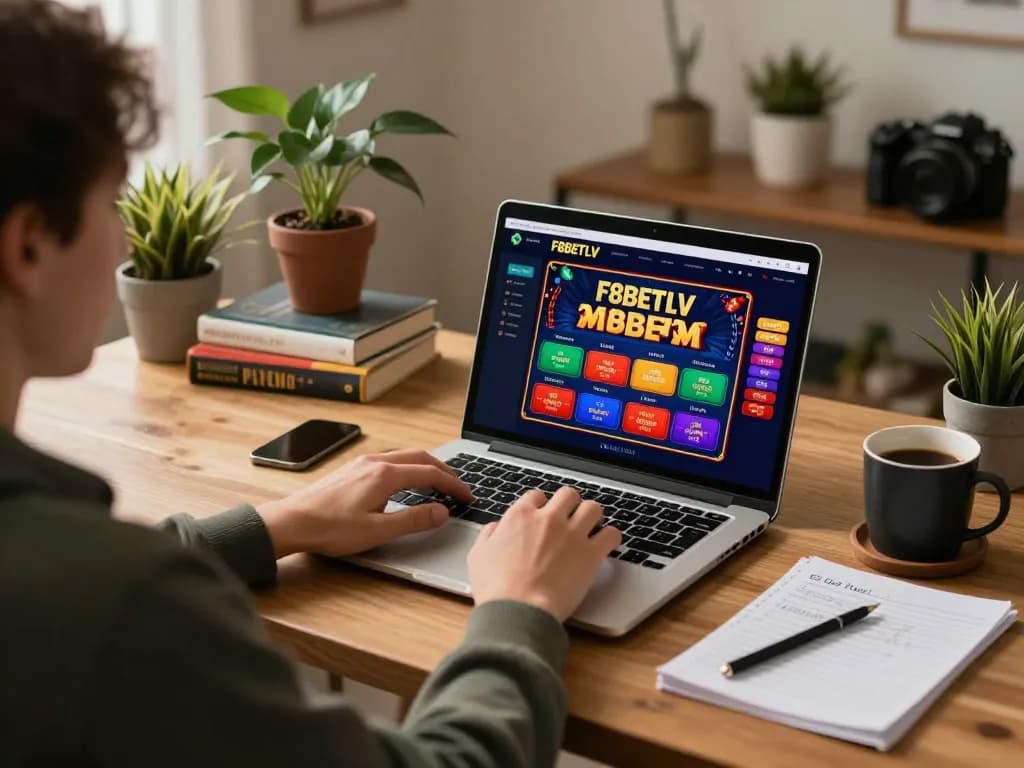 Player engaging in online casino games on F8BETLV, showcasing a modern gaming setup with vibrant interface and cozy atmosphere.