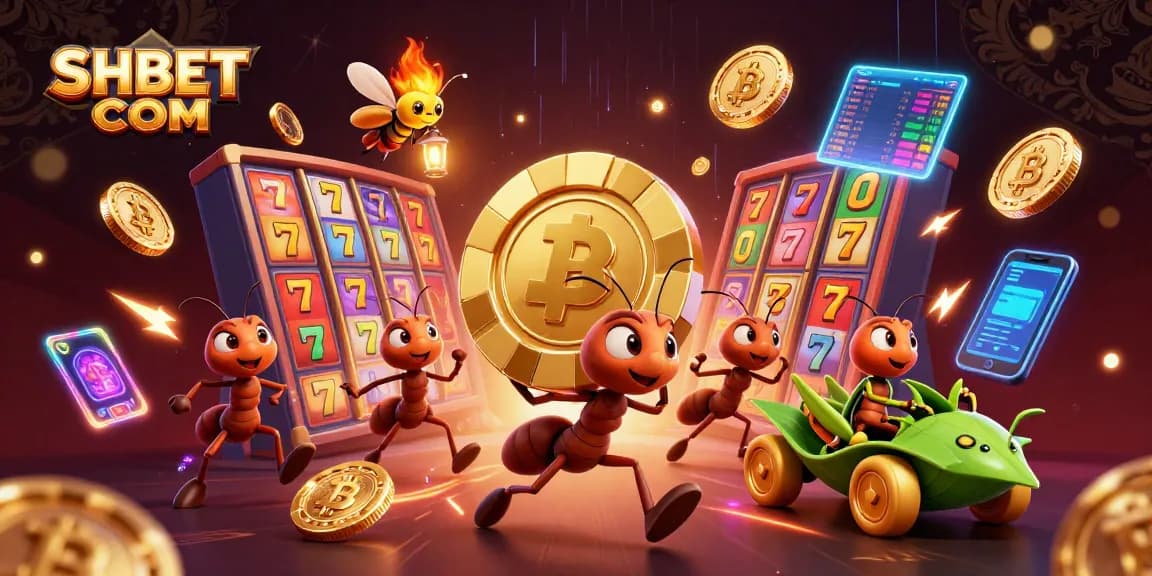 Enhance your gaming with SHBET COM's immersive experience featuring ants, gold chips, and vibrant casino elements.