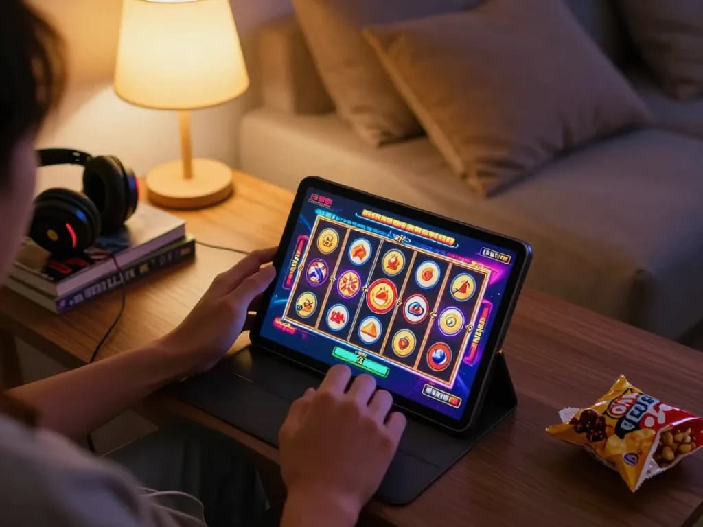 Engaging live slot gaming experience on tablet showcasing link slot gacor in a cozy living room.