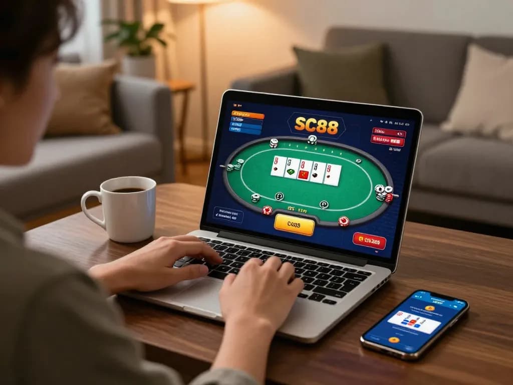 Engaged user playing SC88 poker game online on a laptop in a cozy home environment
