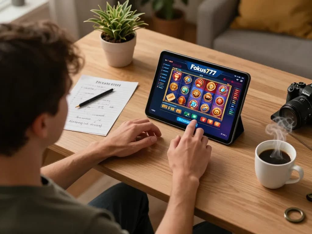 Engaged player exploring Fokus777 online gaming platform on tablet in a cozy home setup.