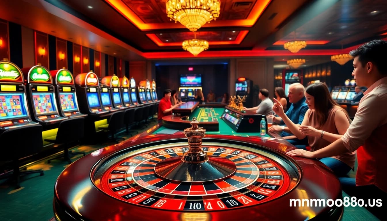 Players enjoy the exciting atmosphere of mmoo88.us.com at an elegant roulette table with colorful chips.