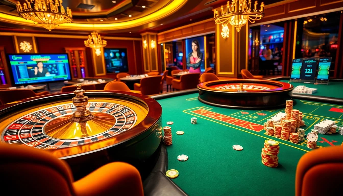 Experience the thrilling atmosphere of GG88 casino with vibrant poker and roulette scenes.