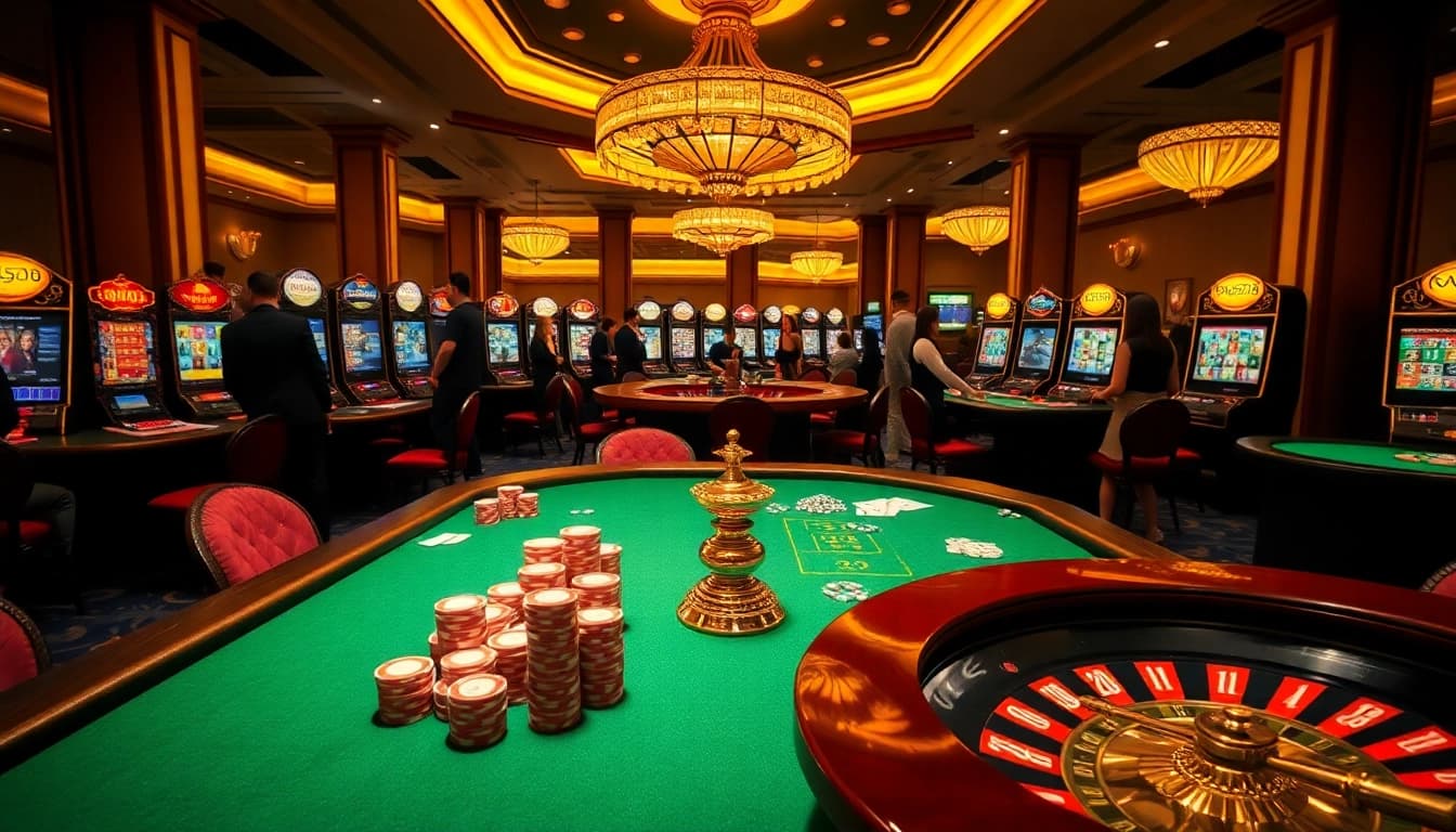 Experience the thrill of win678 with gamblers placing bets at stylish casino tables and slots.