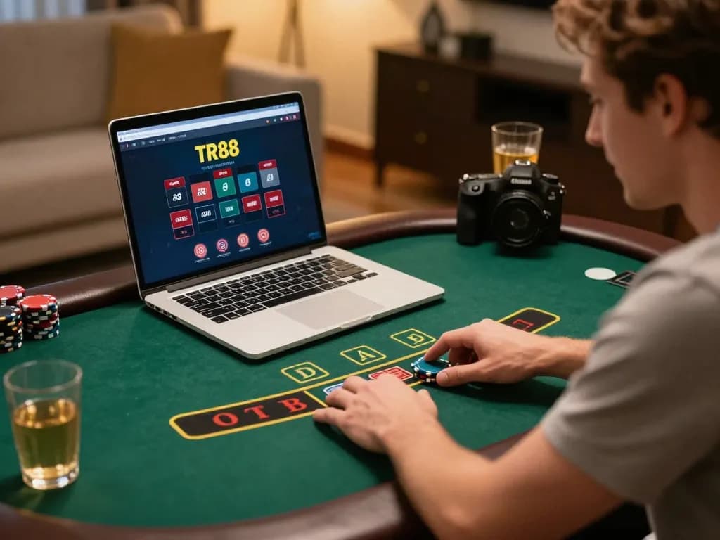 Player strategically placing a bet on TR88 online blackjack with a laptop in a cozy setting.