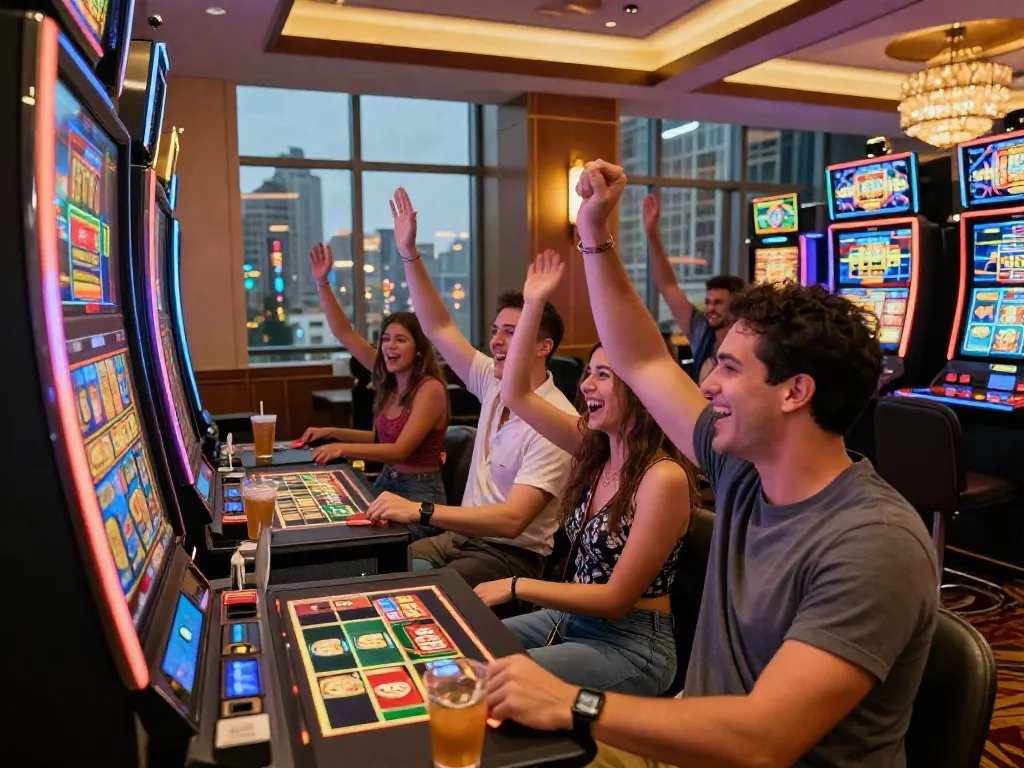 Friends enjoying a thrilling akunjp gaming experience at a vibrant casino.