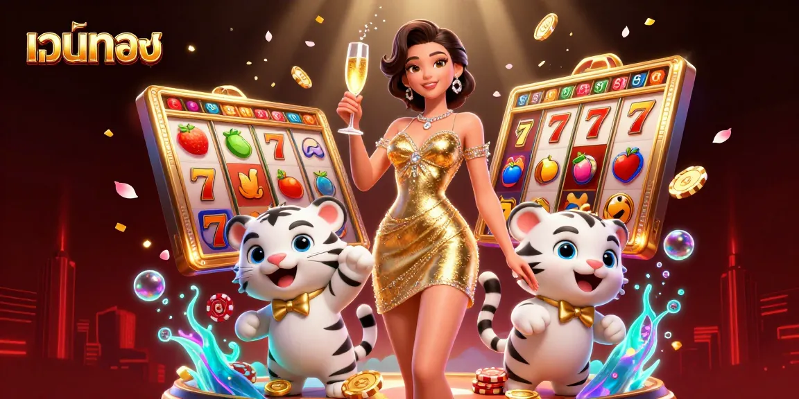 Engage with เว็บตรง slots featuring a glamorous woman and a lucky tiger, surrounded by gold coins.