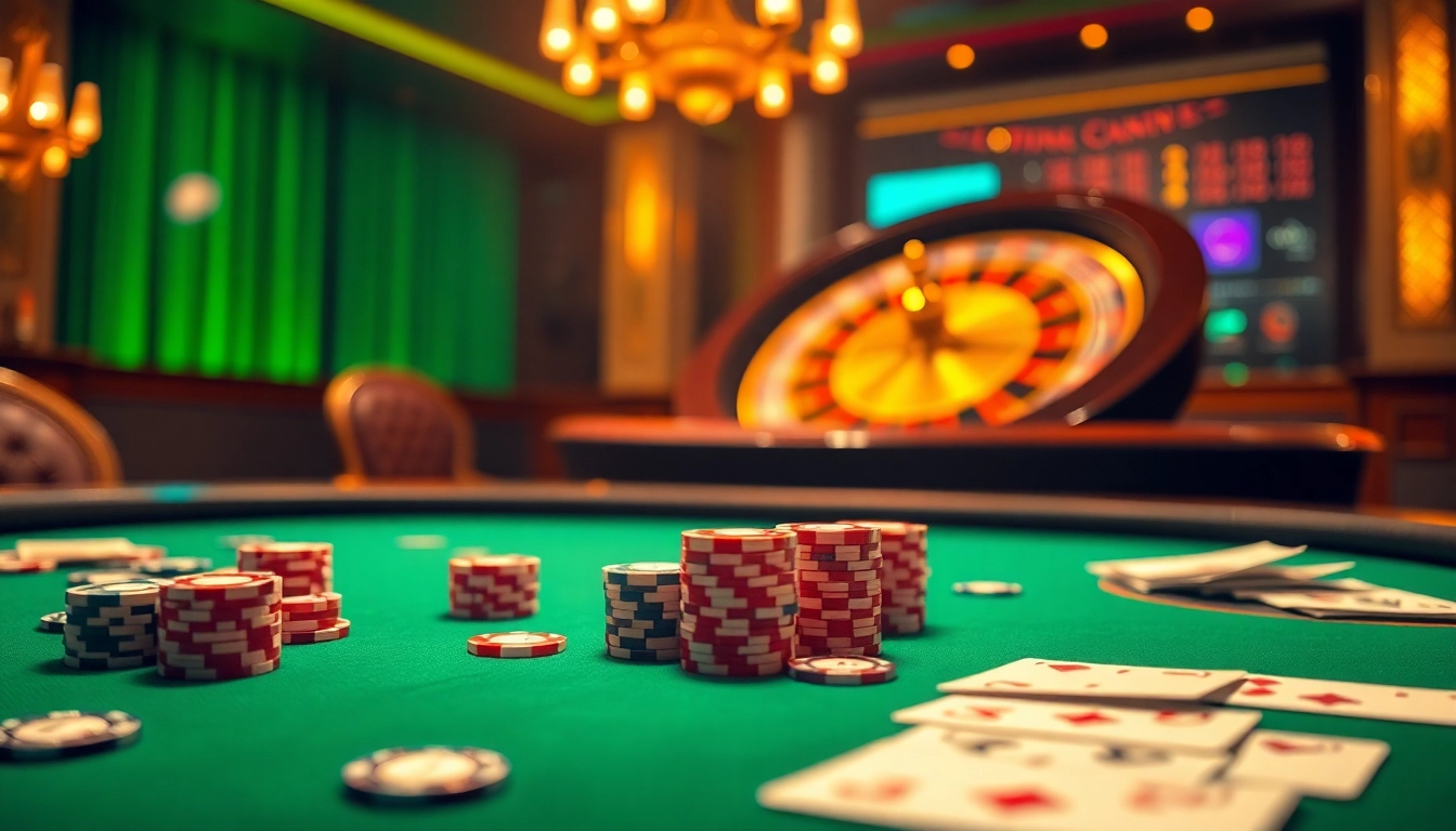 Experience the thrilling atmosphere of 78WIN's online casino with a high-stakes poker table and spinning roulette wheel.